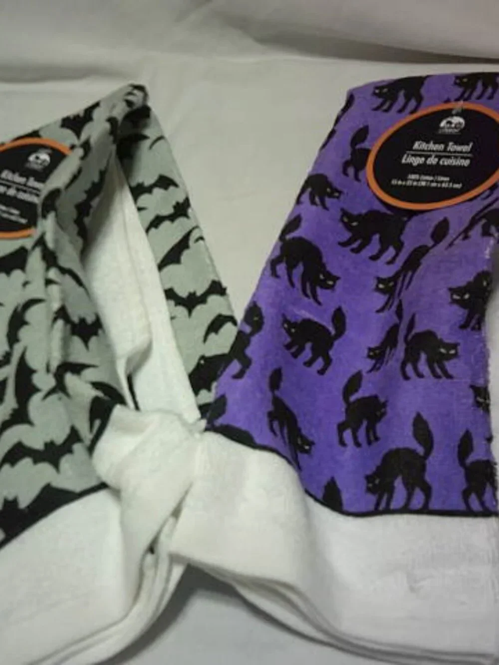LOT 2 NEW HALLOWEEN KITCHEN TOWELS BATS & CATS DESIGN 100% COTTON GREENBRIER INT